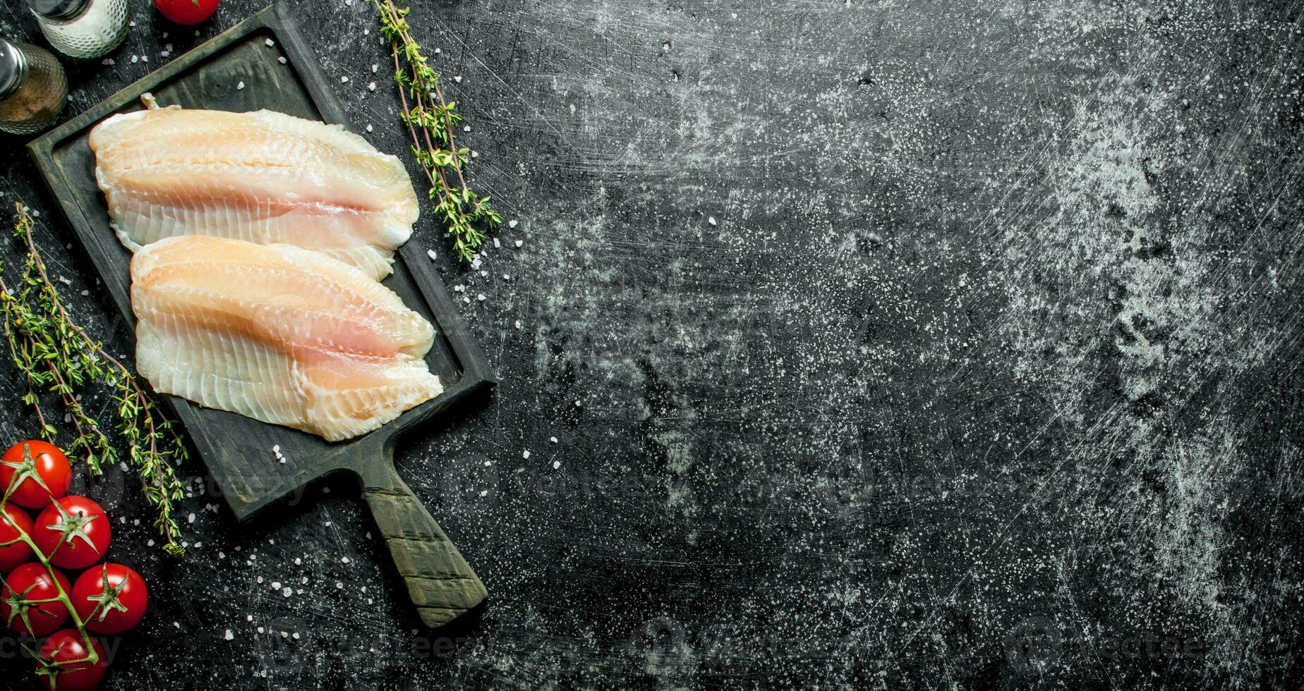 Fish fillet on a cutting Board with thyme, spices and tomatoes on a branch. photo