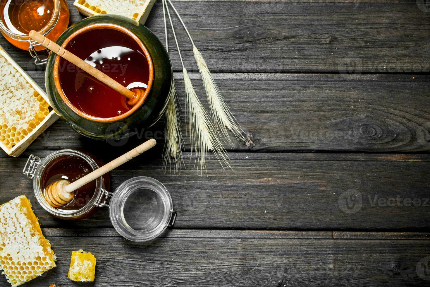 Assortment of different types of honey. photo