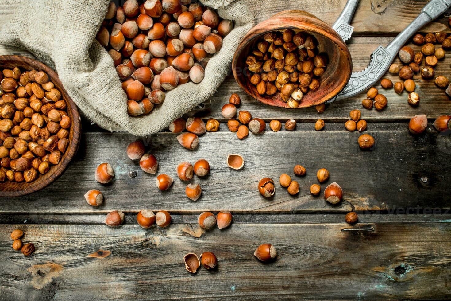 Hazelnut with Nutcracker in bowls . photo