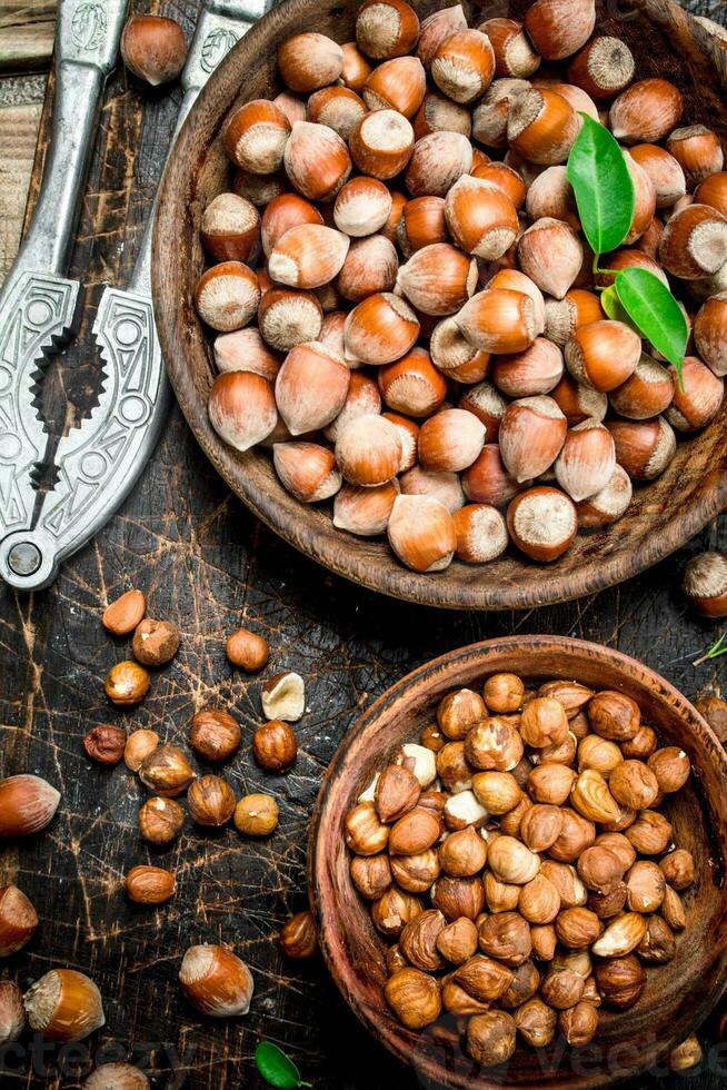 Hazelnuts with Nutcracker on the old Board . photo