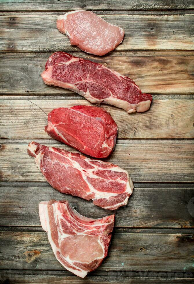 Raw meat. Pork and beef steaks. photo