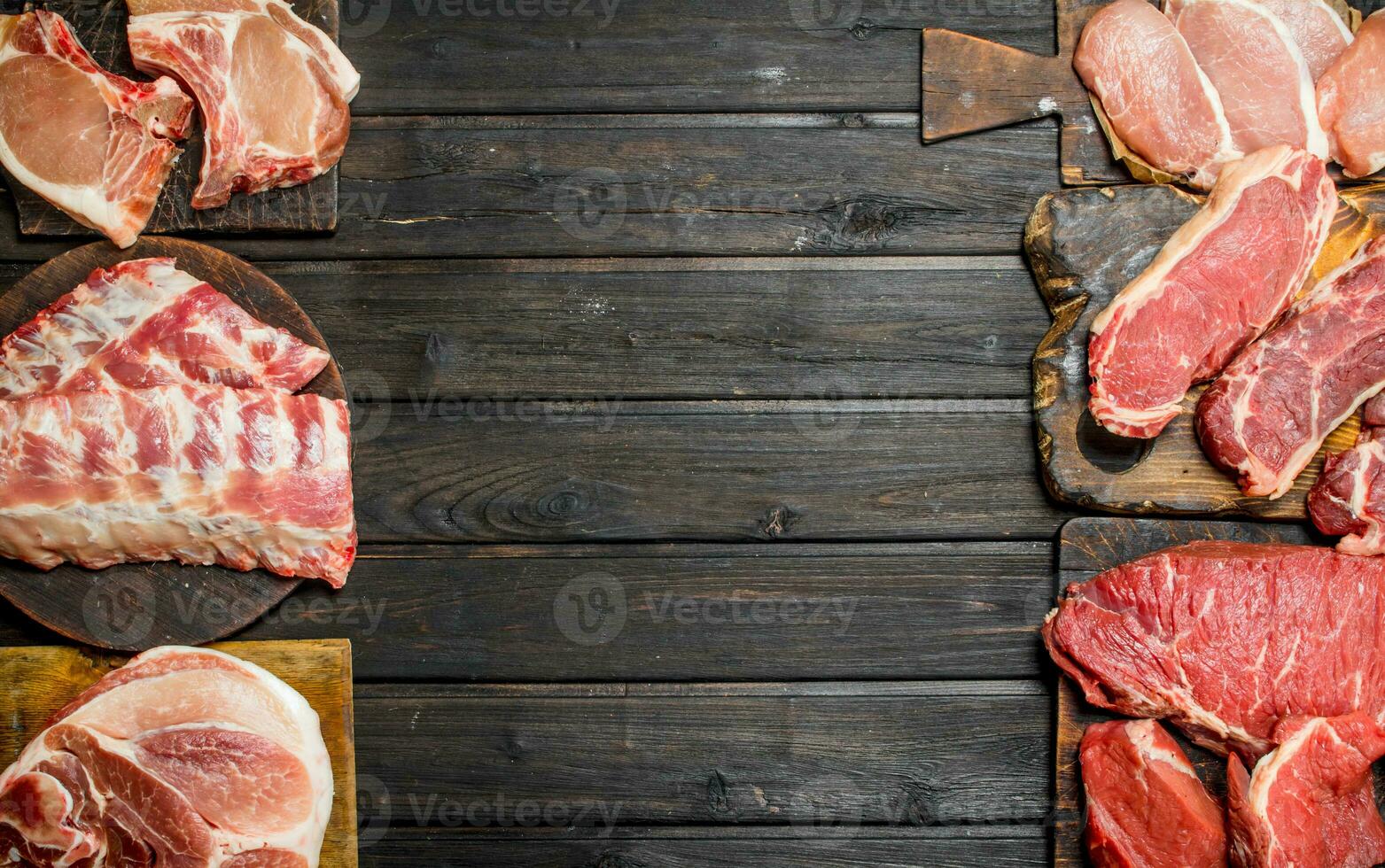 Raw meat. Different kinds of pork and beef meat. photo