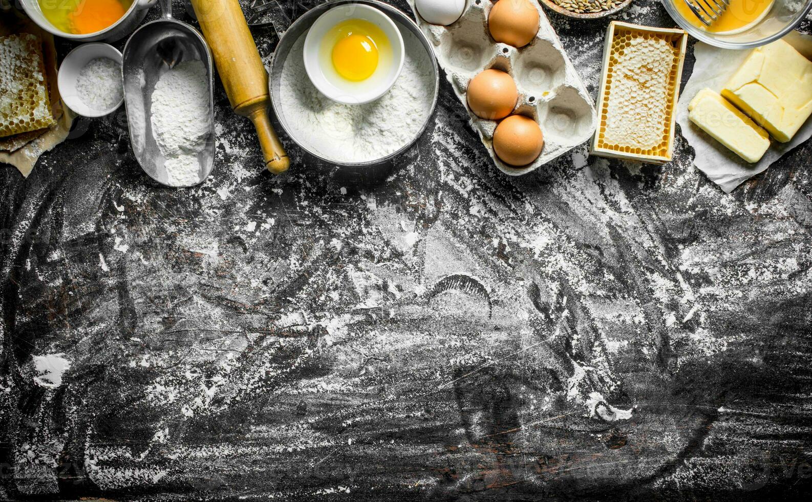 Baking background. Ingredients for making dough at home. photo