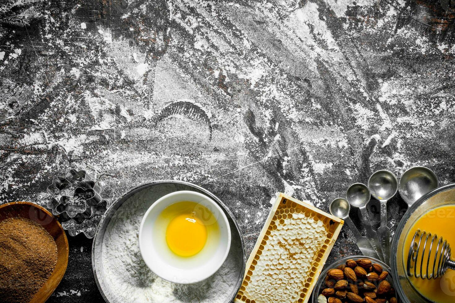 Baking background. Various ingredients for cooking homemade cookies. photo