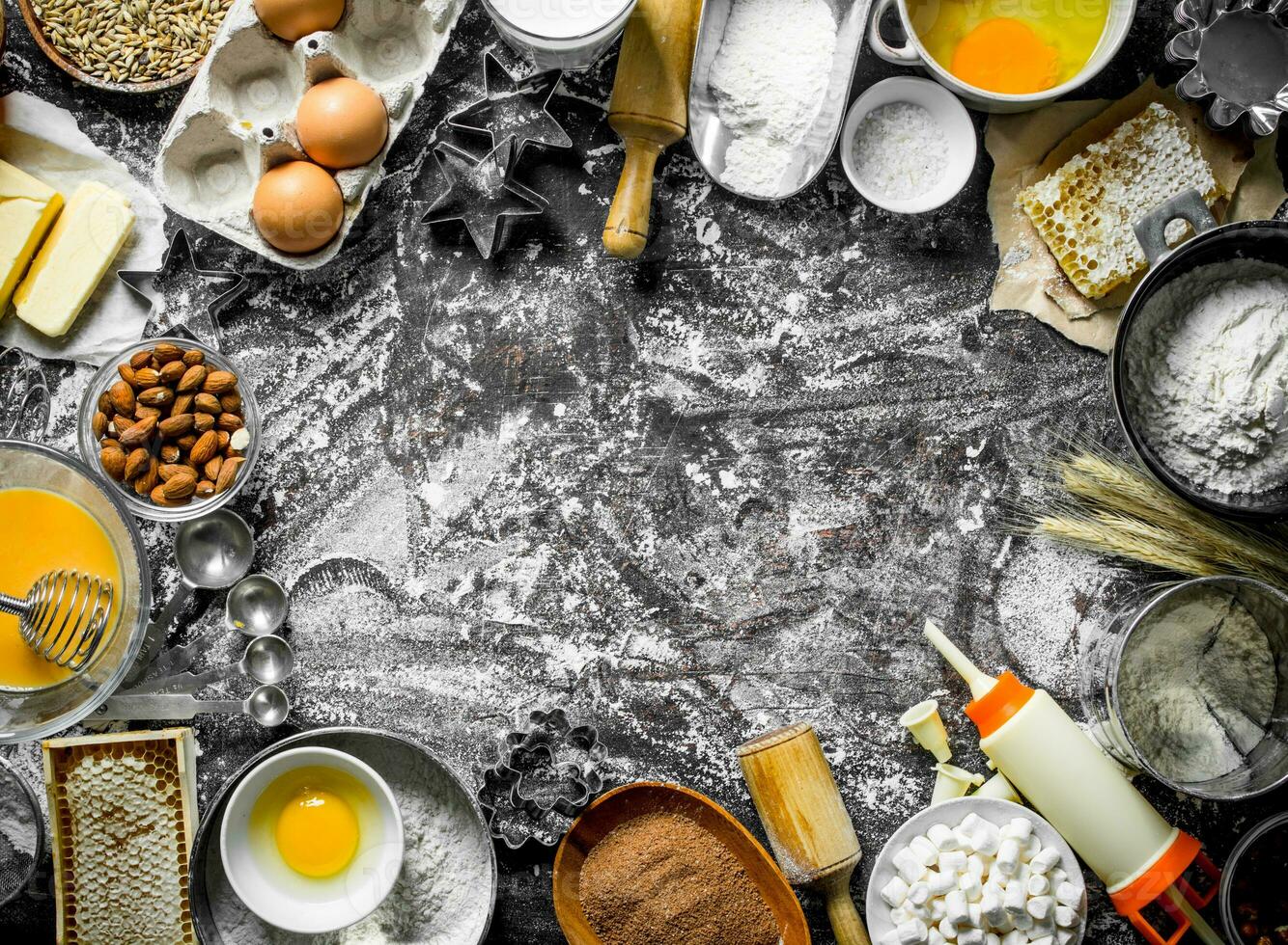 Baking background. Various ingredients for cooking homemade cookies. photo