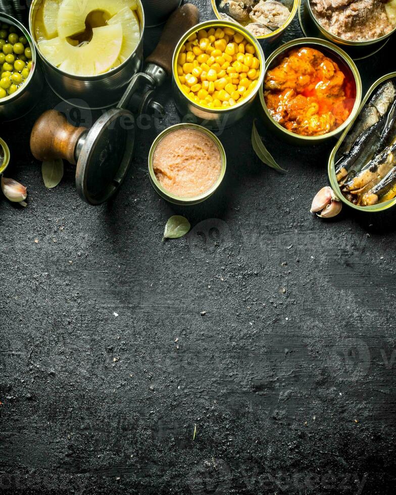Set of different kinds of canned food. photo