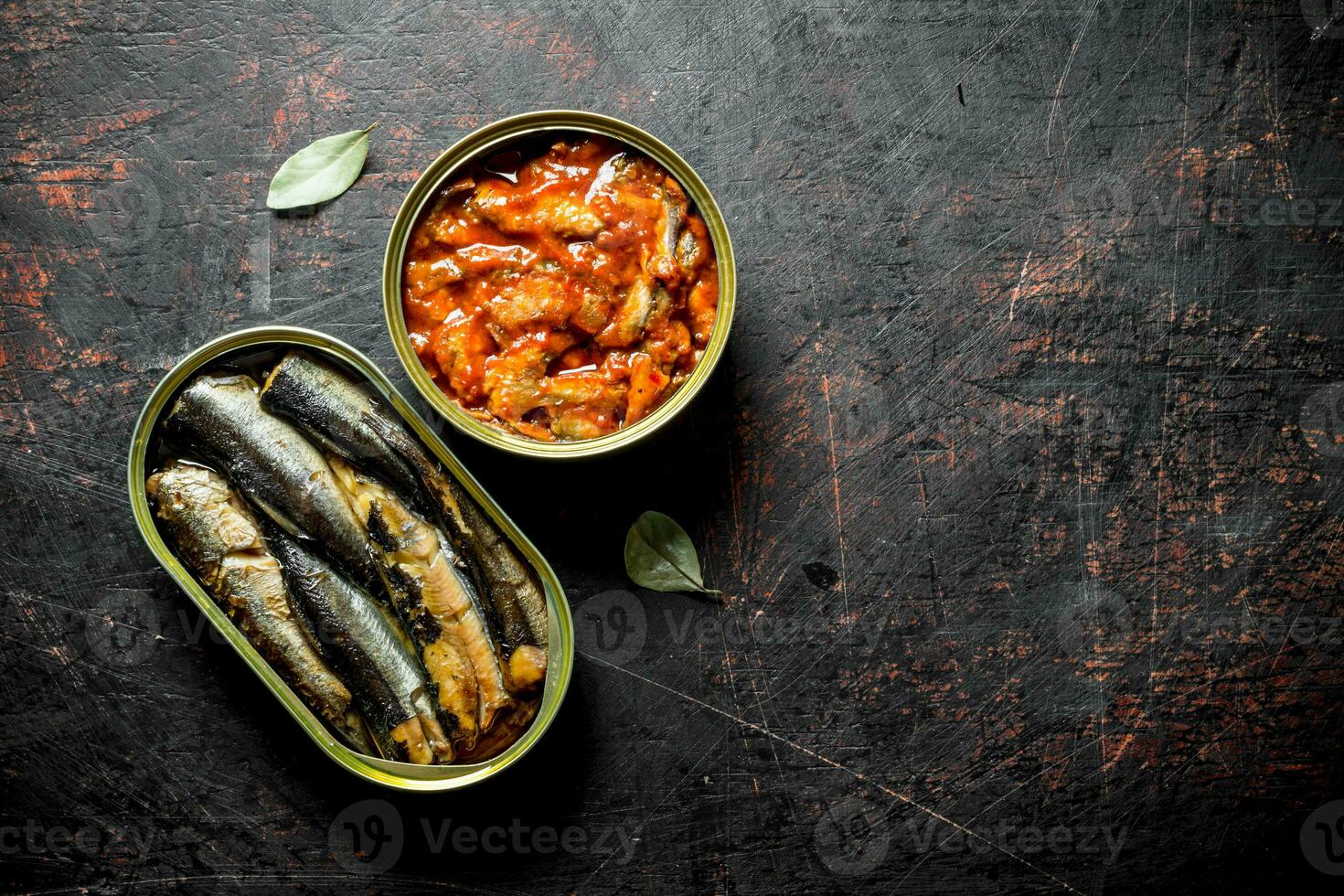 Canned fish in open cans. photo