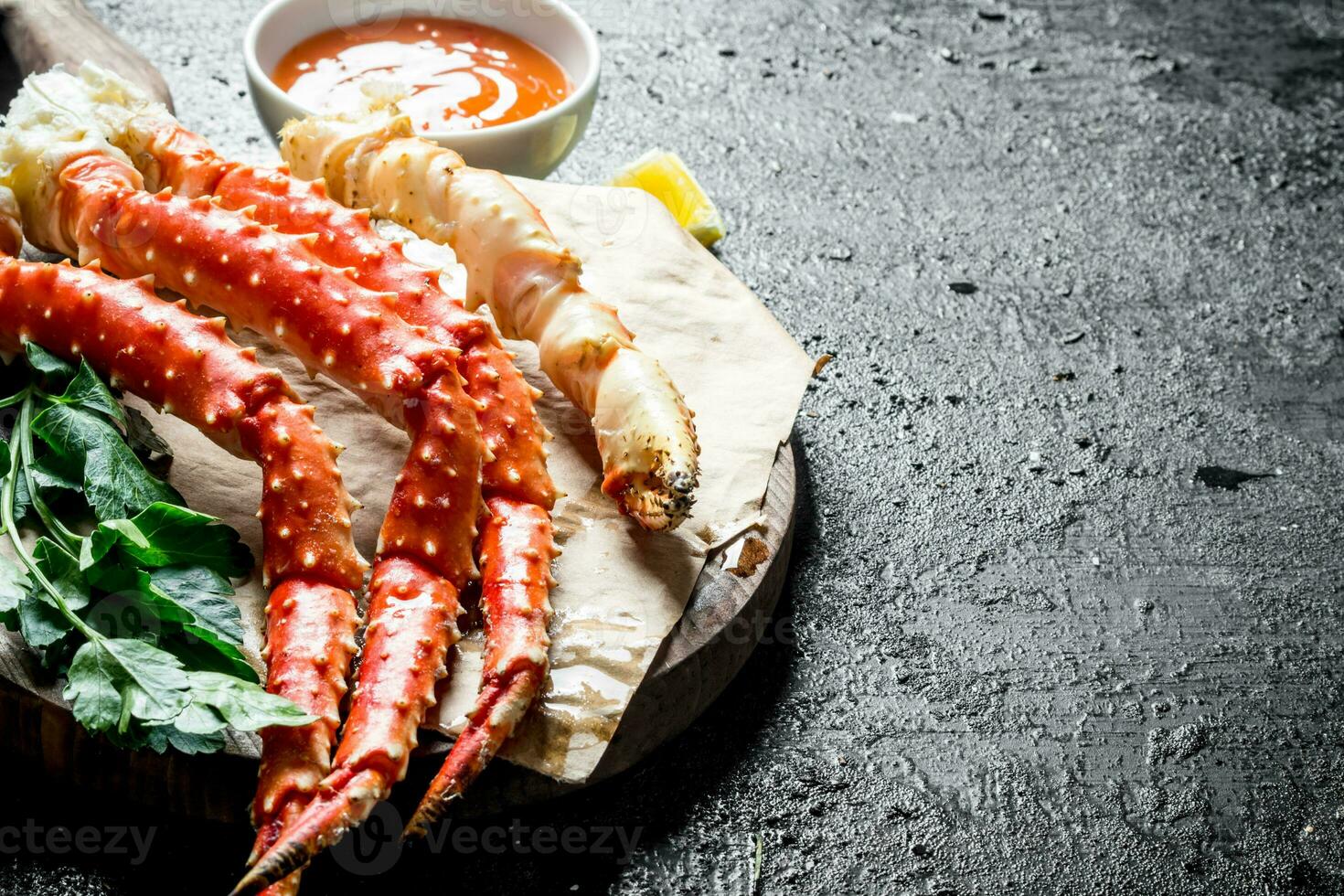 Crab with sauce and herbs. photo