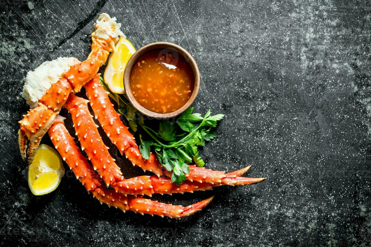Crab with sauce, herbs and lemon. photo