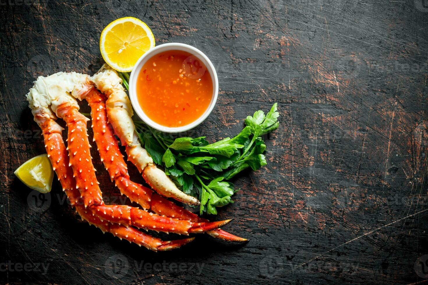 Fresh crab with lemon slices, parsley and sauce. photo