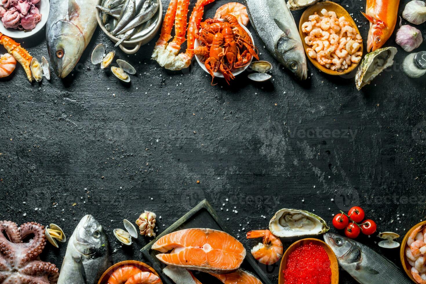 Fresh salmon steak with seafood. photo