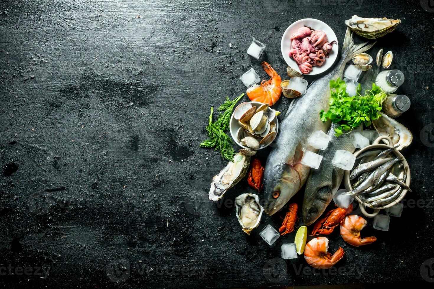 Fresh seafood with ice cubes. photo