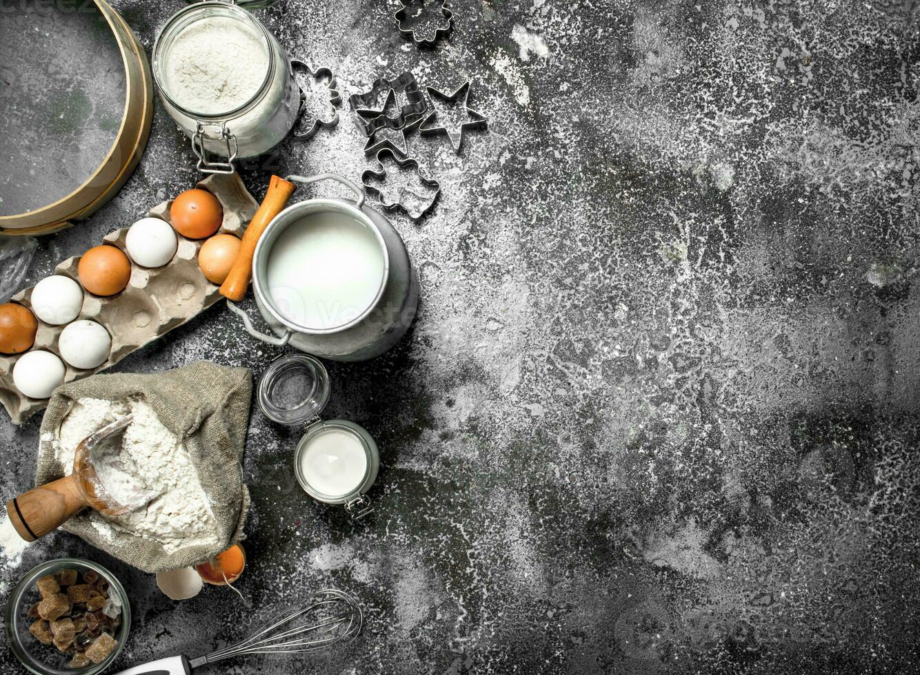 Baking background. Ingredients for the preparation of dough. photo
