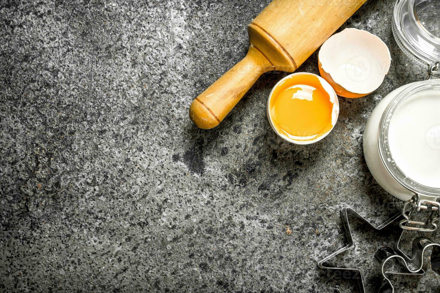 Baking background. Fresh ingredients for dough. photo
