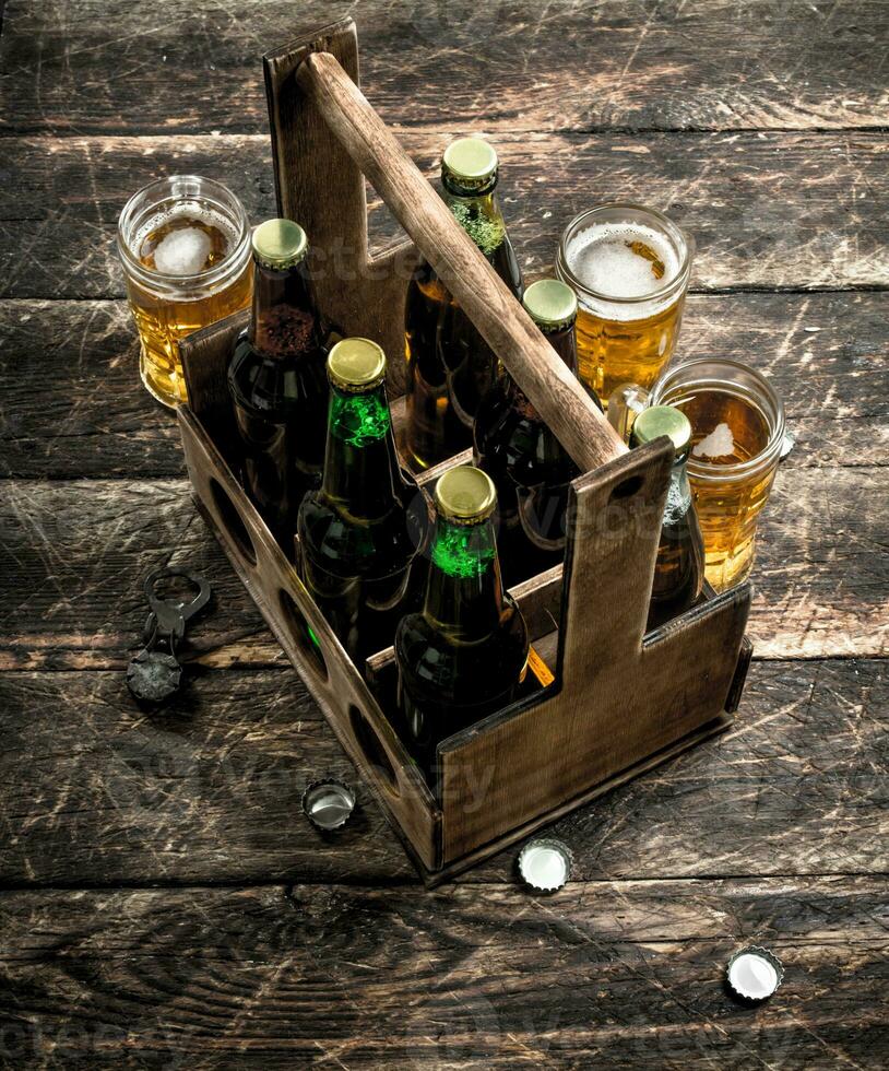 Bottles with beer in an old box. photo