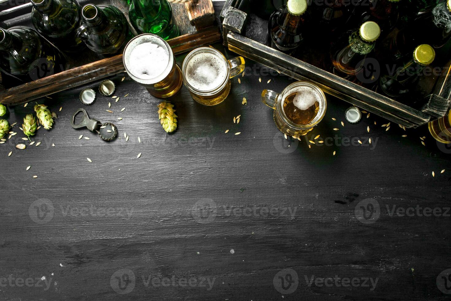 Beer background. Fresh beer and ingredients. photo
