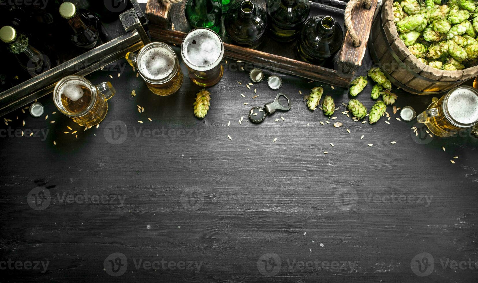 Beer background. Fresh beer and ingredients. photo