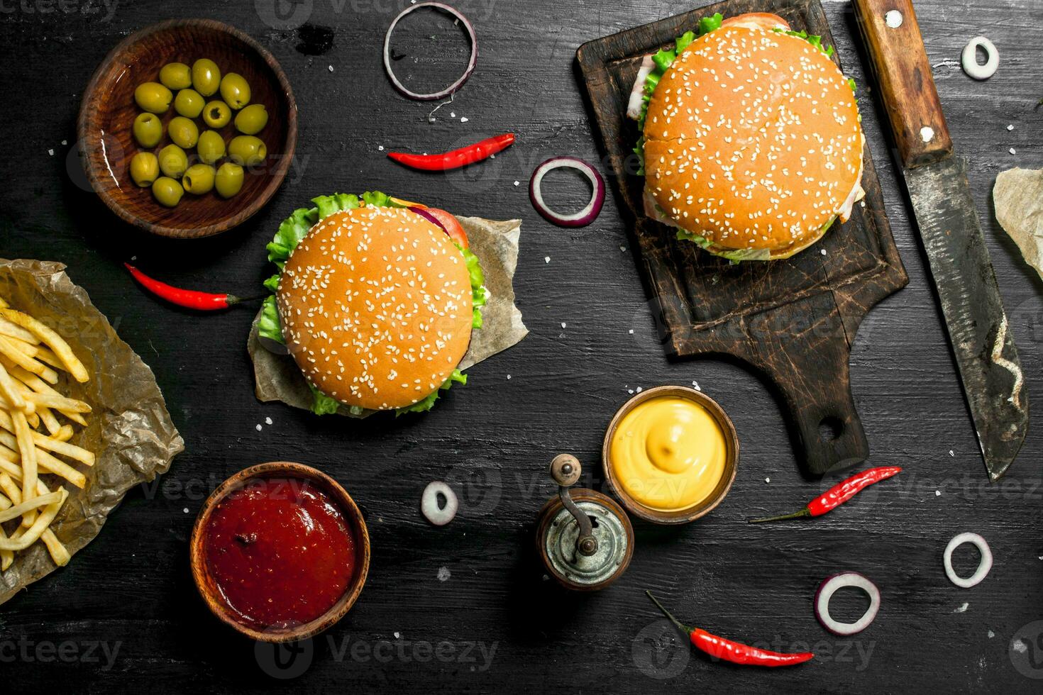Street food. Fresh burgers with beef and vegetables. photo