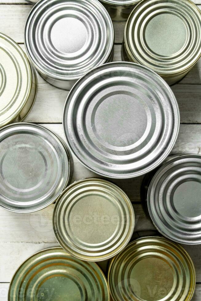 Tin cans with food. photo