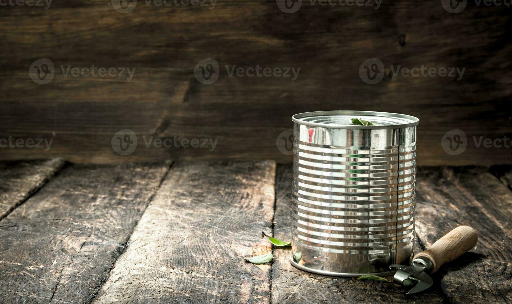 Food in tin can with opener. photo