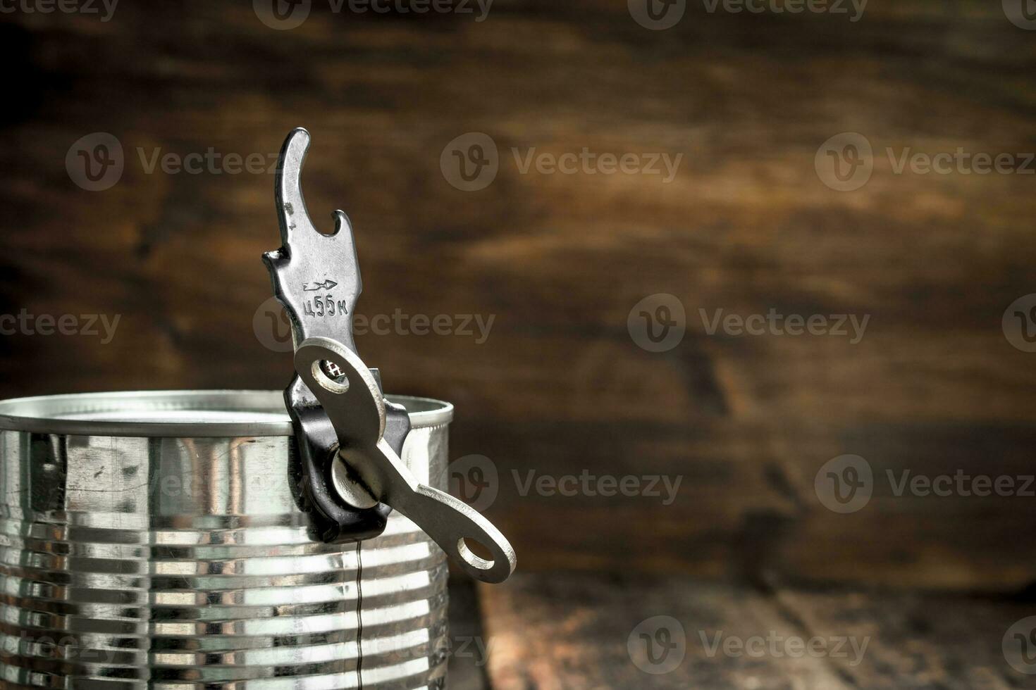 Food in tin can with opener. photo