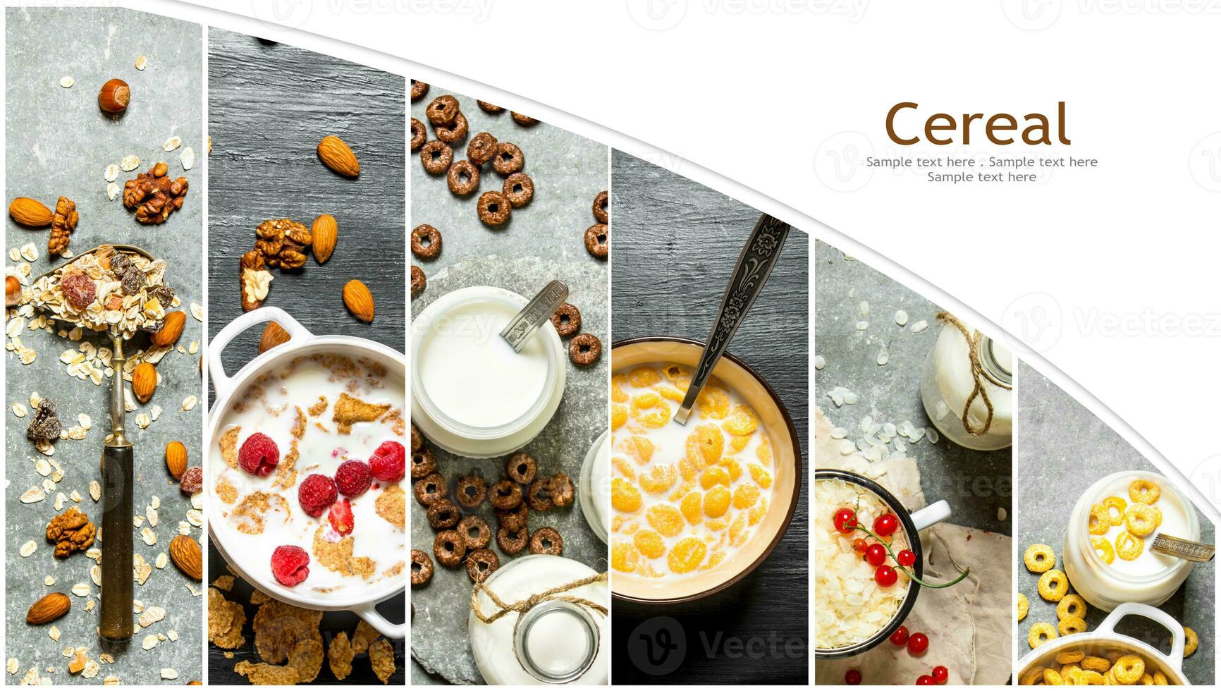 Food collage of cereal and corn flakes. photo