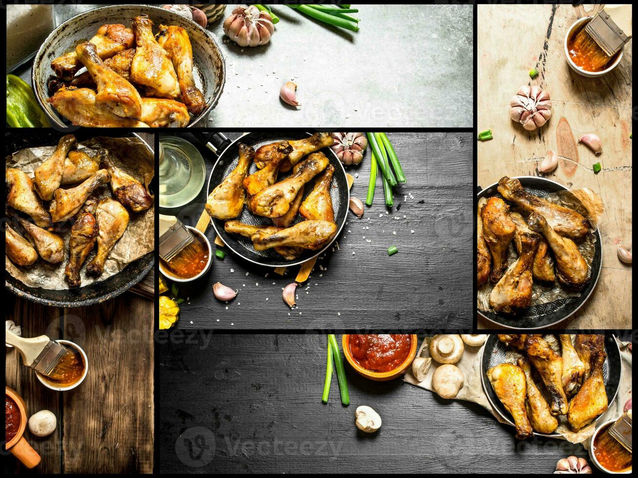 Food collage of fried chicken legs . photo