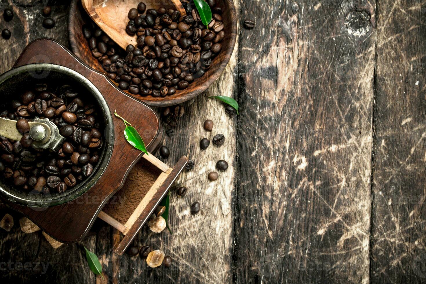 Coffee grinder with coffee beans. photo
