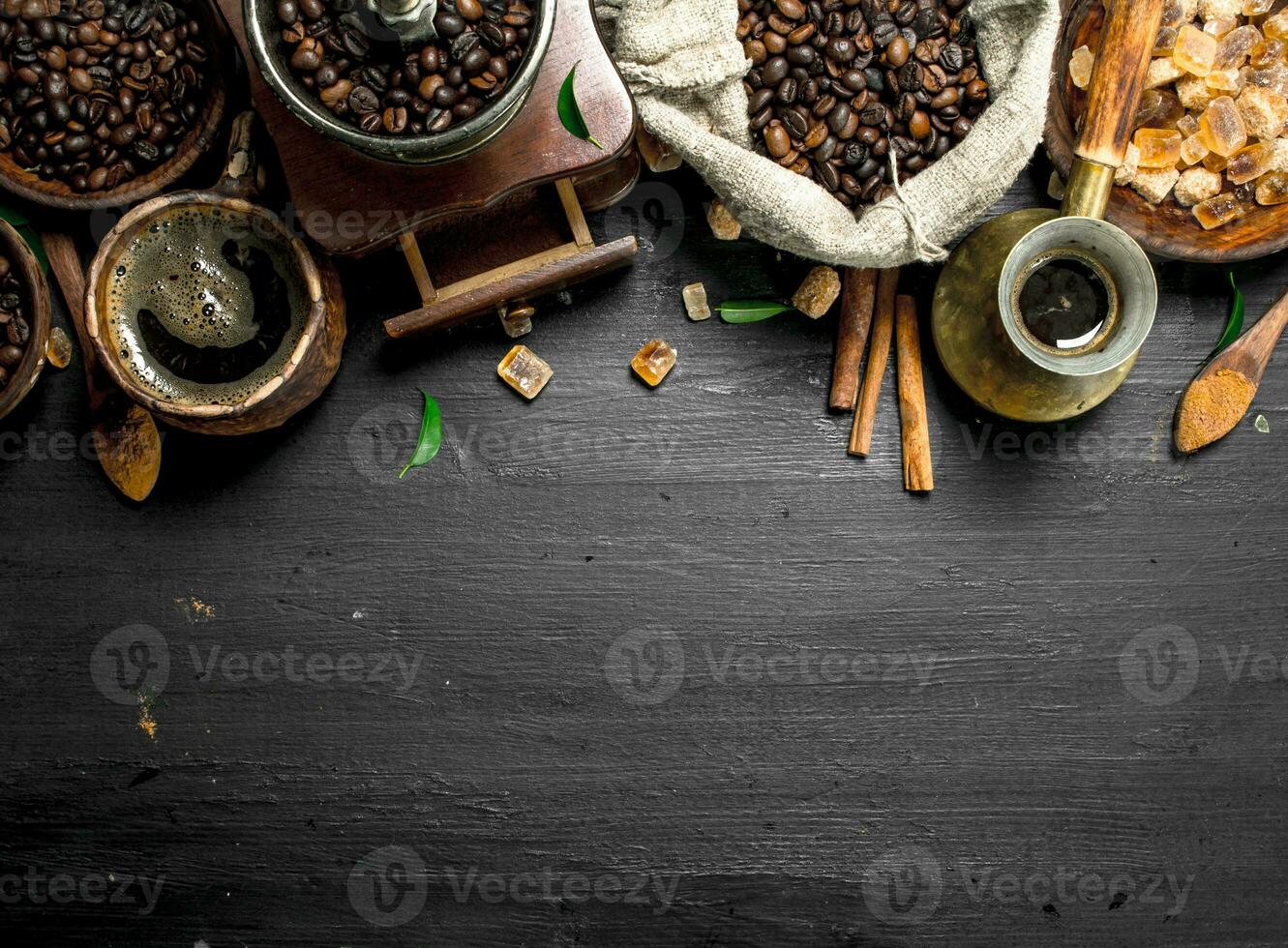 Coffee background. Fresh coffee with sugar crystals and coffee beans. photo