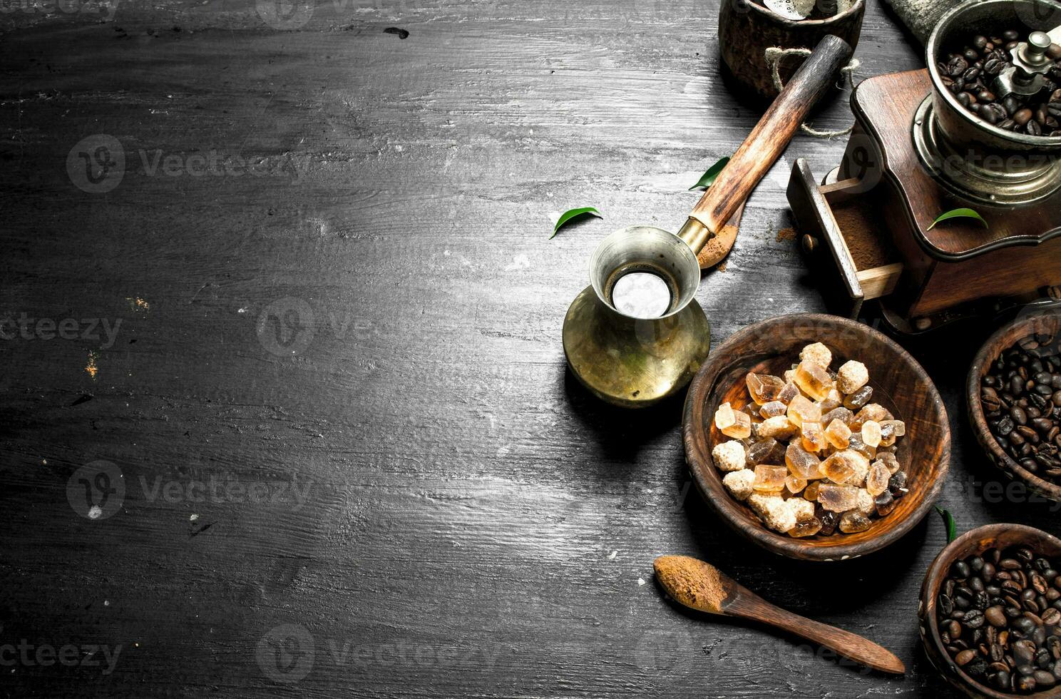 Coffee background. Fresh coffee with sugar crystals and coffee beans. photo