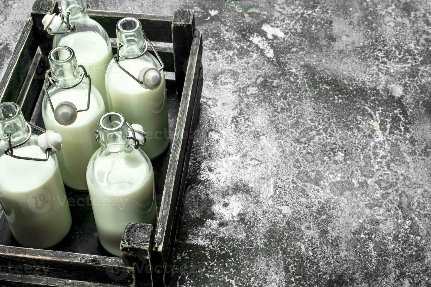 Bottles of fresh milk in an old box. photo