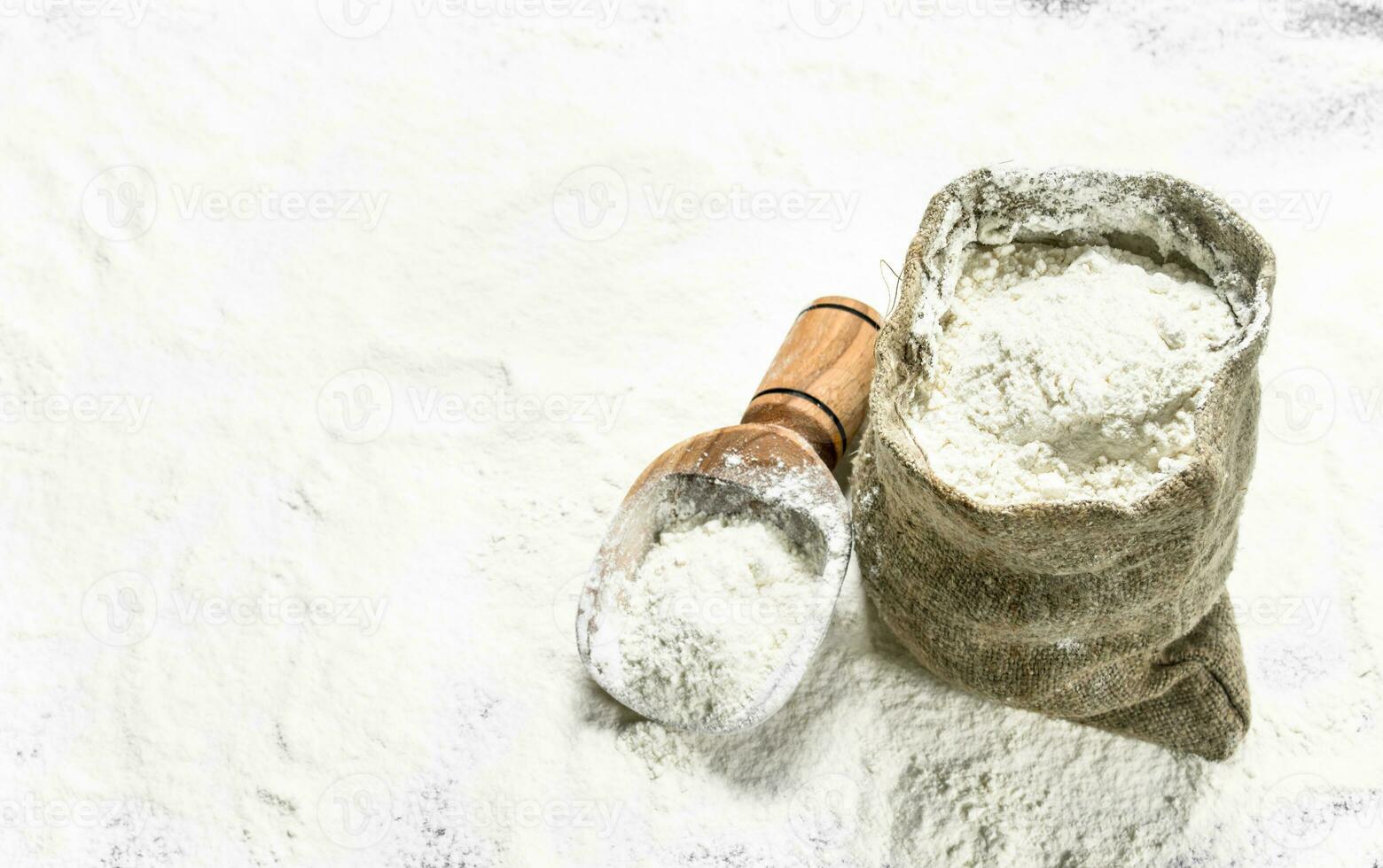 Flour in a bag with a wooden scoop. photo