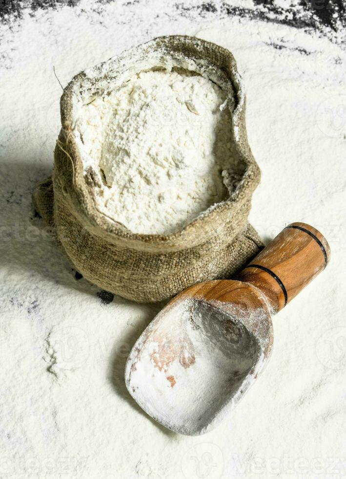 Flour in a bag with a wooden scoop. photo