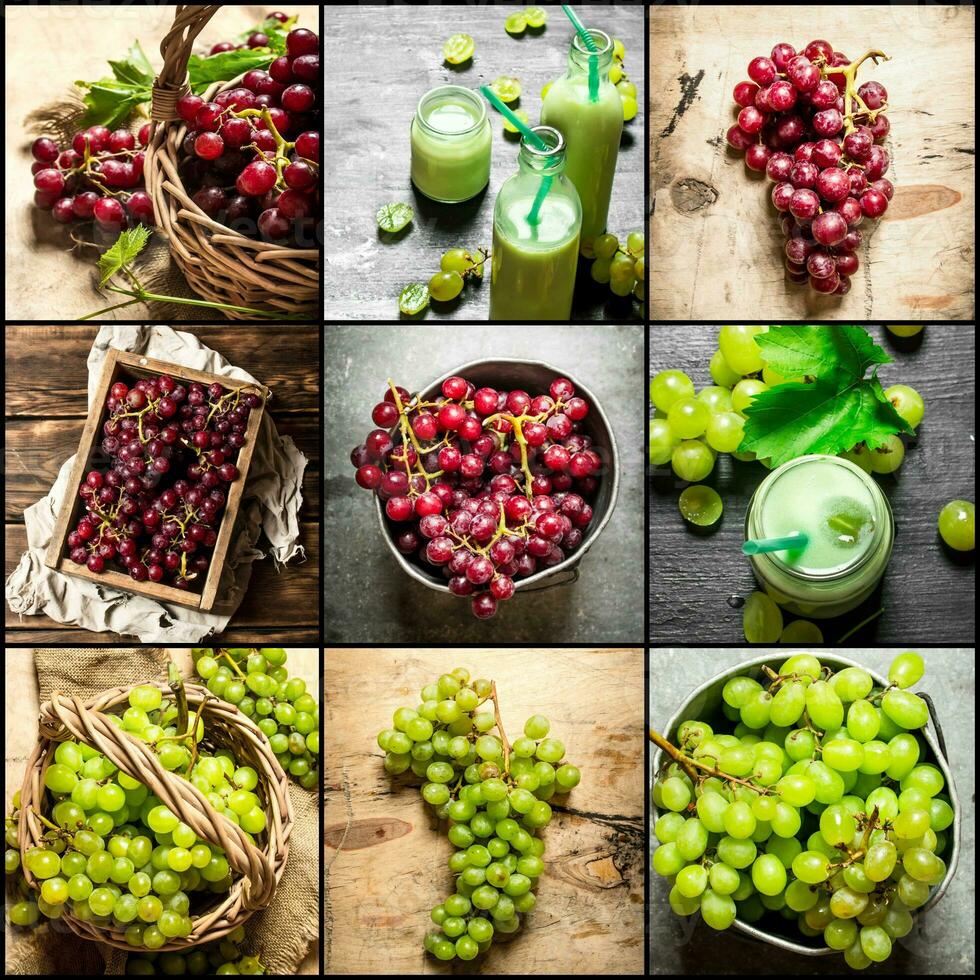 Food collage of red and white grapes. photo