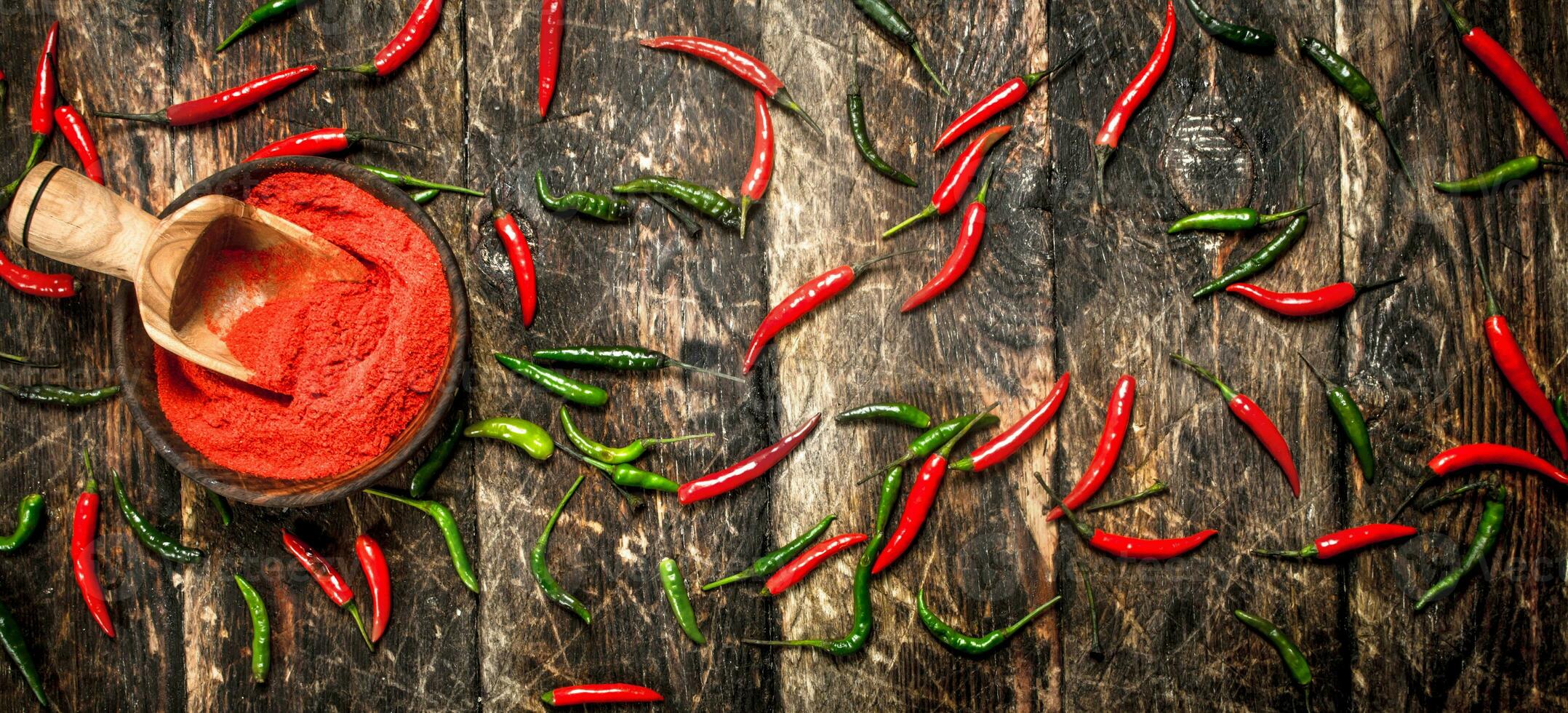 Ground hot chili pepper in a bowl. photo