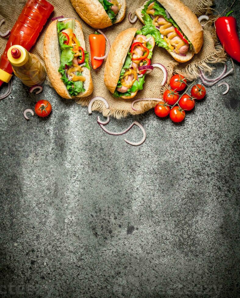 Fast food menu. Hotdogs with onions, peppers, tomatoes and greens dressed with ketchup and mustard. photo