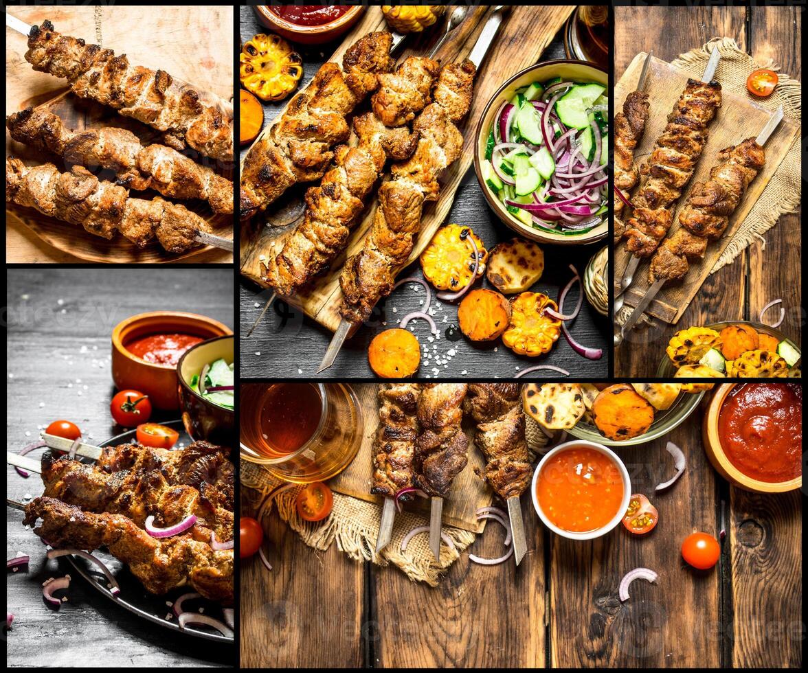 Food collage of shish kebab . photo