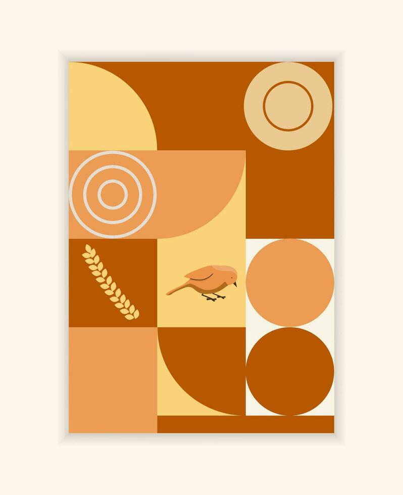 Vector autumn cover notebook. Graphic Background with wheat, bird. Brown, beige autumn colors.