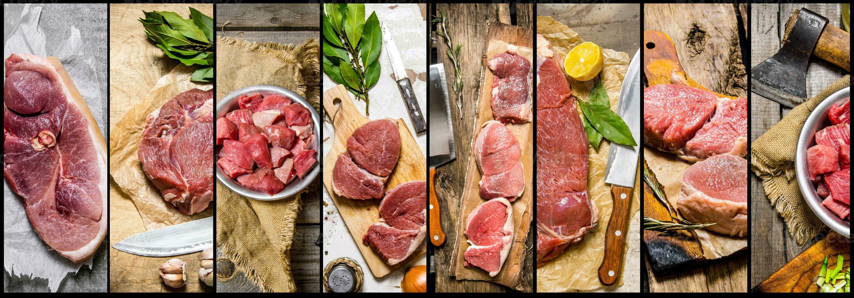 Food collage of raw meat . photo