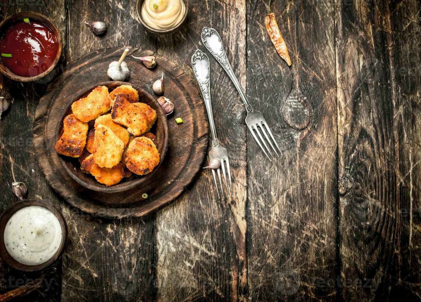Chicken nuggets with various sauces. photo