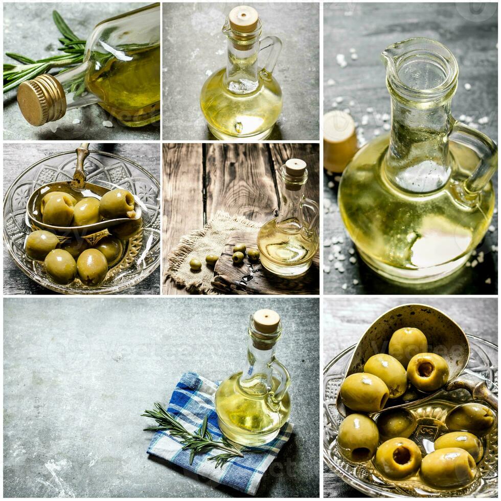 Food collage of olive oil . photo