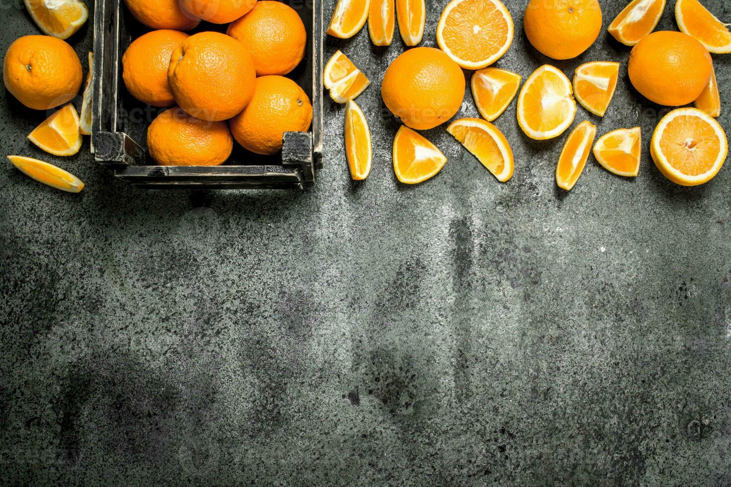 Fresh oranges in a box. photo