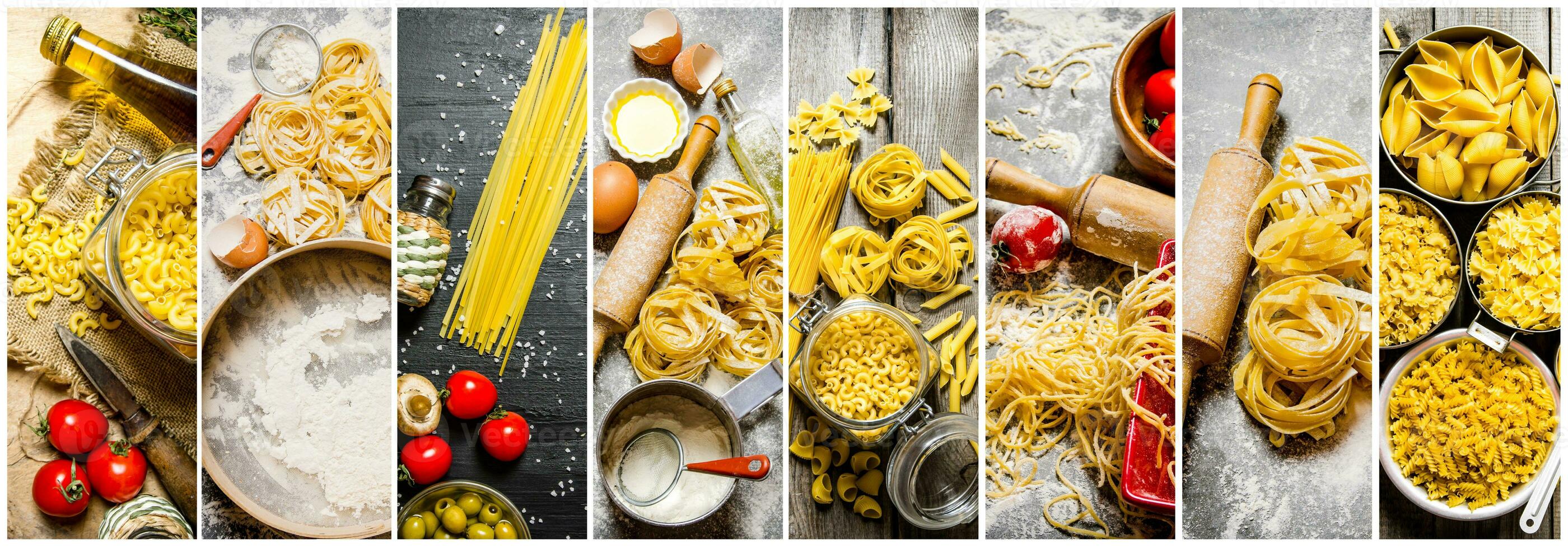 Food collage of italian pasta . photo