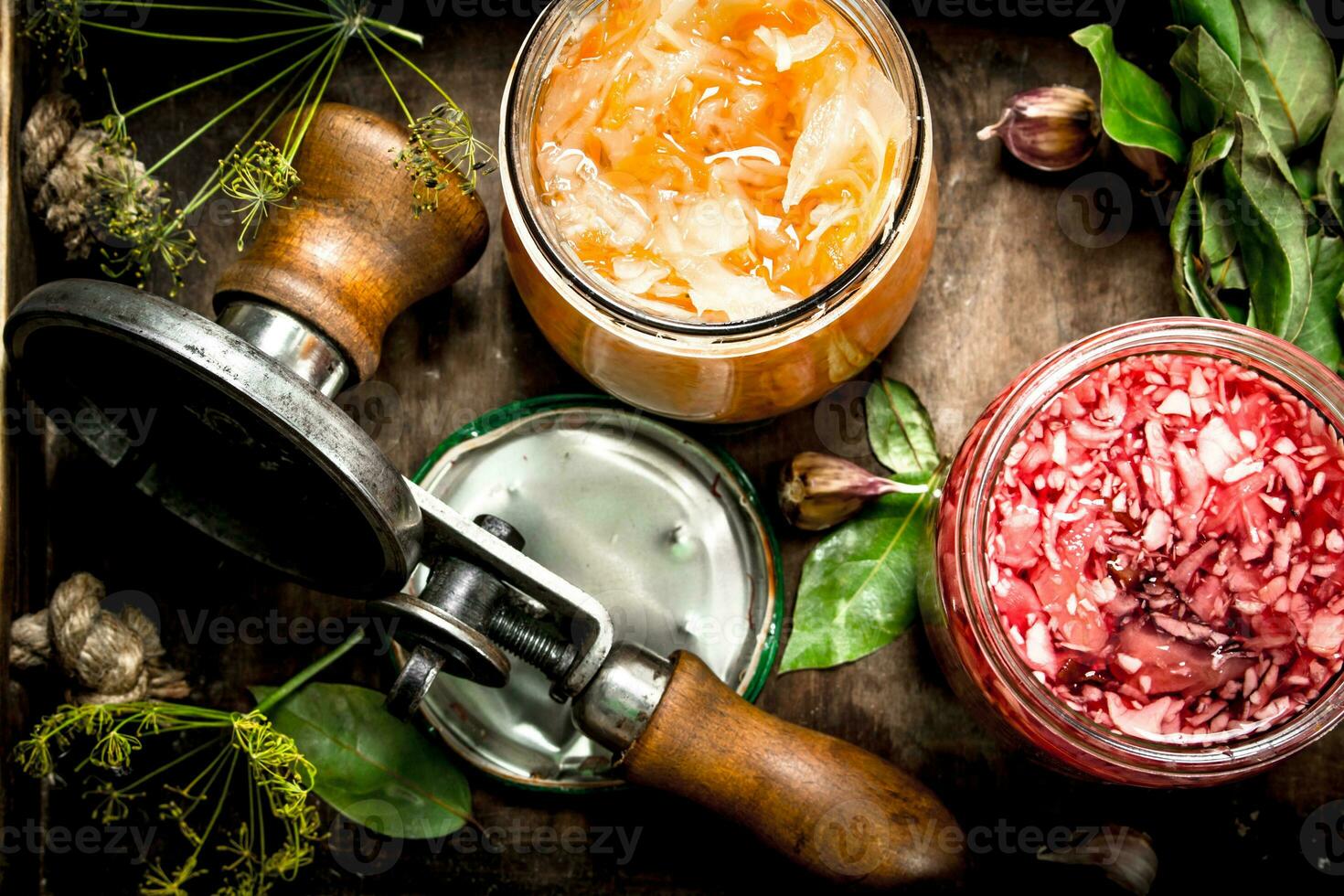 Marinated cabbage with herbs and seamer on tray. photo