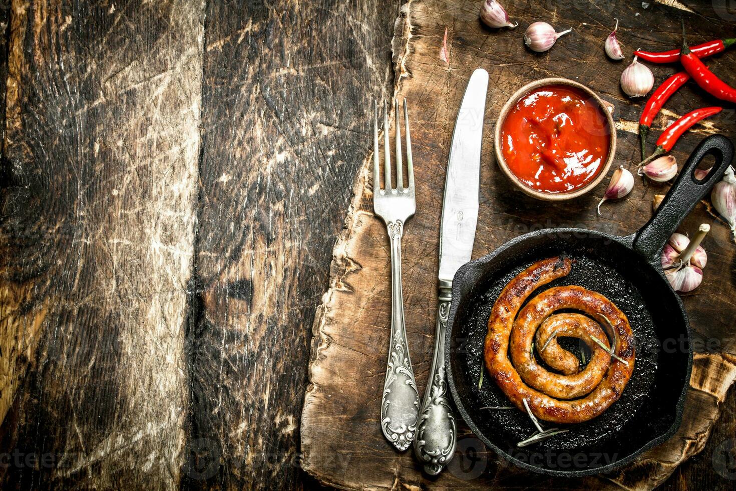 Sausage in a frying pan with tomato sauce and garlic. photo