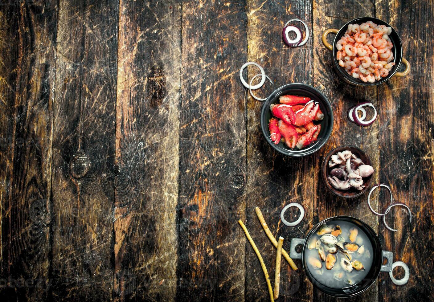 Seafood in bowls. photo