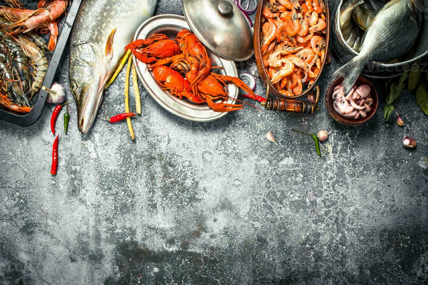 Different fresh seafood. photo