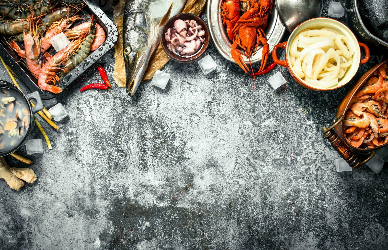 Different fresh seafood. photo