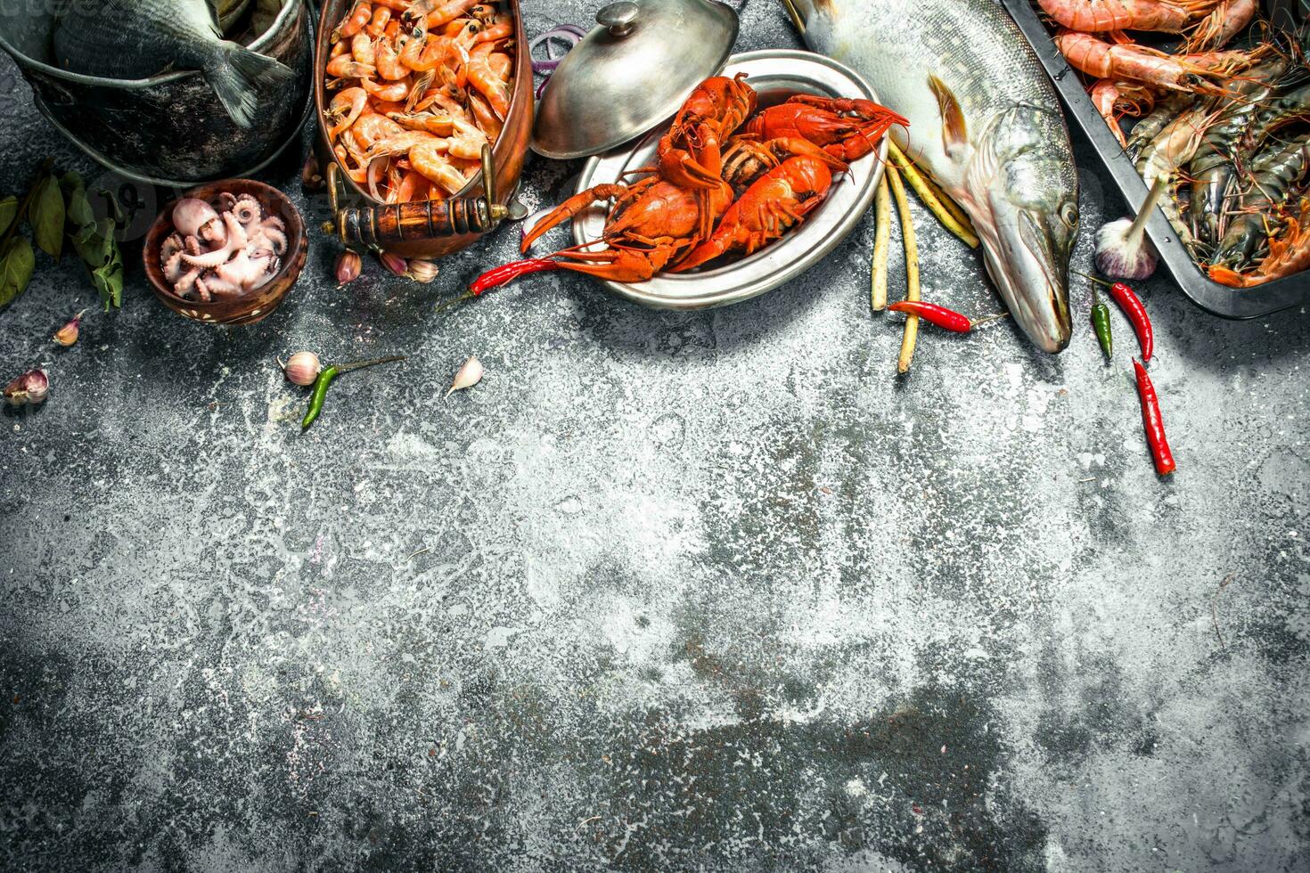Different fresh seafood. photo
