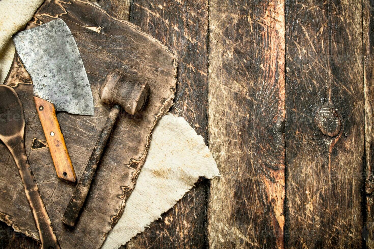 Serving background. Old kitchen tools cutting Board. photo